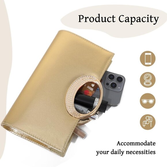 Gold PU Leather Clutch Purse for Women Evening Bag with Detachable Chain and Rhi - Picture 3 of 6